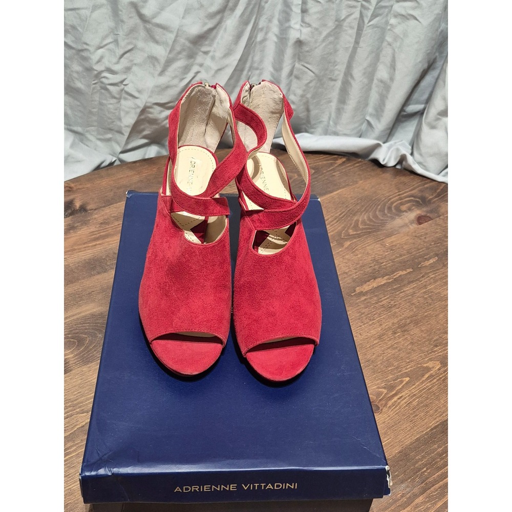 Adrienne Vittadini Genae Red Suede Peep Toe Strappy Platform Heels 6M AV-GENAE